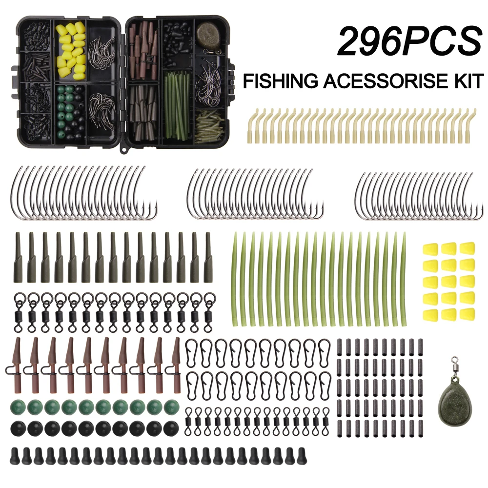 

296Pcs/Box Carp Fishing Tackle Anti Tangle Sleeve Line Aligner Copper Tubes Carp Hook Lure Swivel Lead Sinker Terminal Tackle