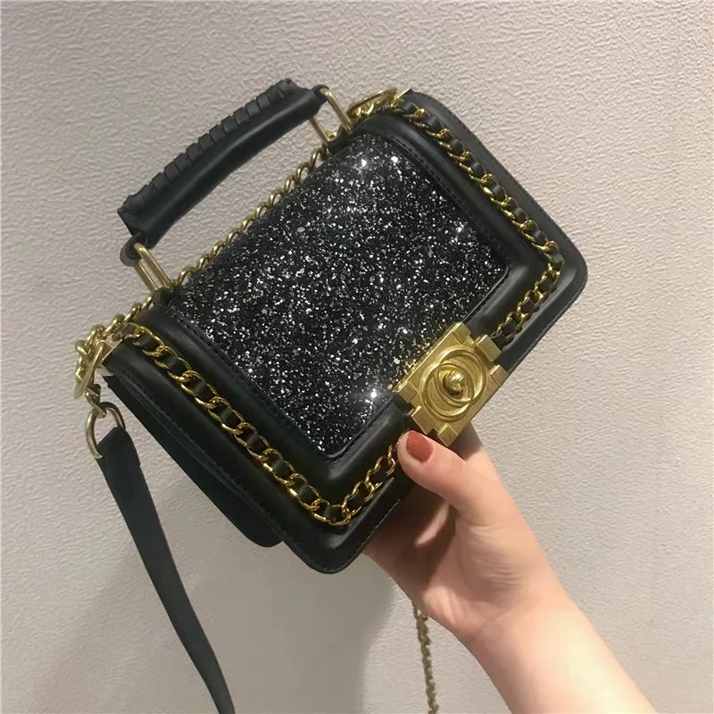 

Women's Fashion Tote High Quality Leather Luxury Golden Handbags Designer Sac A Main Ladies Sequins Flap Shoulder Messenger Bags