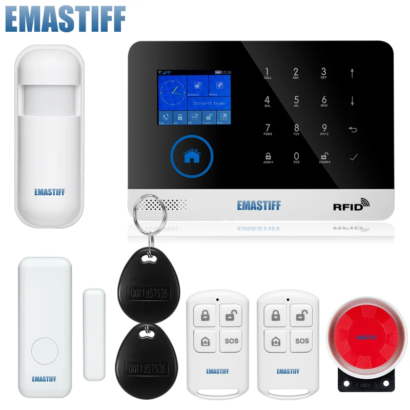 Photo Product quad band wireless wifi gsm alarm system TFT display door sensor home security alarm systems Wired Siren Kit SIM SMS Alarm