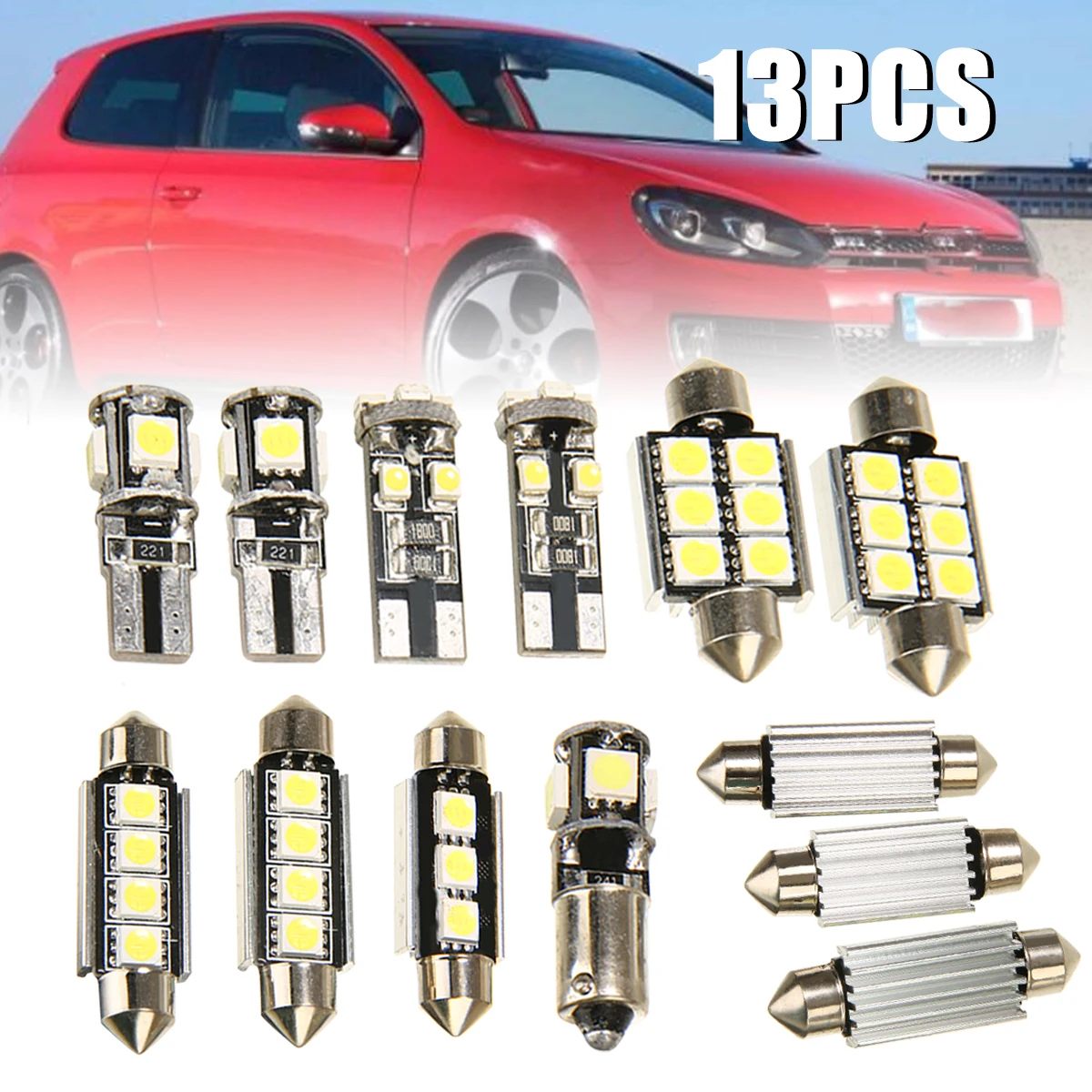 13pcs 12V Super Bright White Car Interior LED Light Bulb Dome Reading/License Plate Lamp Kit For V-W G-olf 6 MK-6 GT-I 2010-2015
