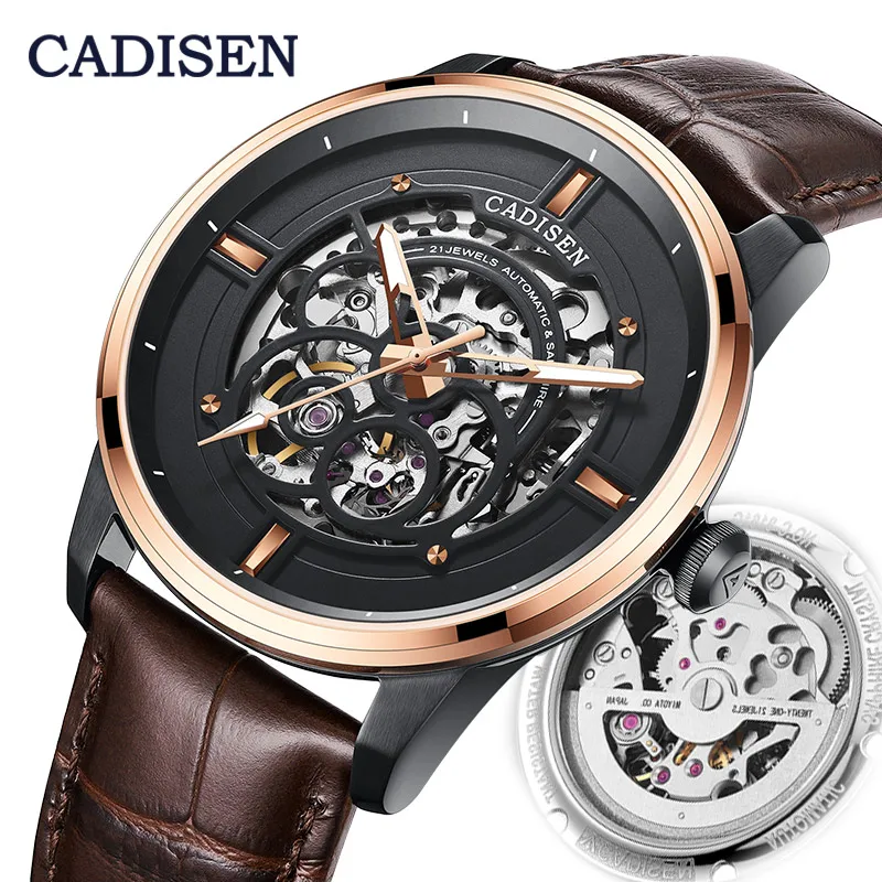 CADISEN для мужчин s часы Скелет Tourbillon механические кожаные Наручные часы для мужчин MIYOTA 8N24 автоматический Топ люксовый бренд Reloj Hombre