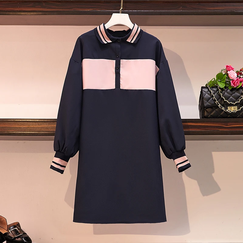 Navy Blue L-4XL Плюс размер женское свободное Повседневное платье-футболка осень Мода отложной воротник пэчворк с длинным рукавом Прямой платья - Цвет: Navy Blue