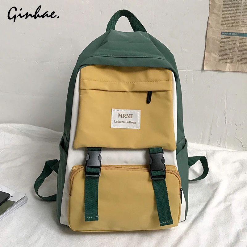 

Preppy Style Nylon Patchwork Backpack Women Large Capacity School Backpack For Girls Multifunction Travel Shoulder Bags Rucksack