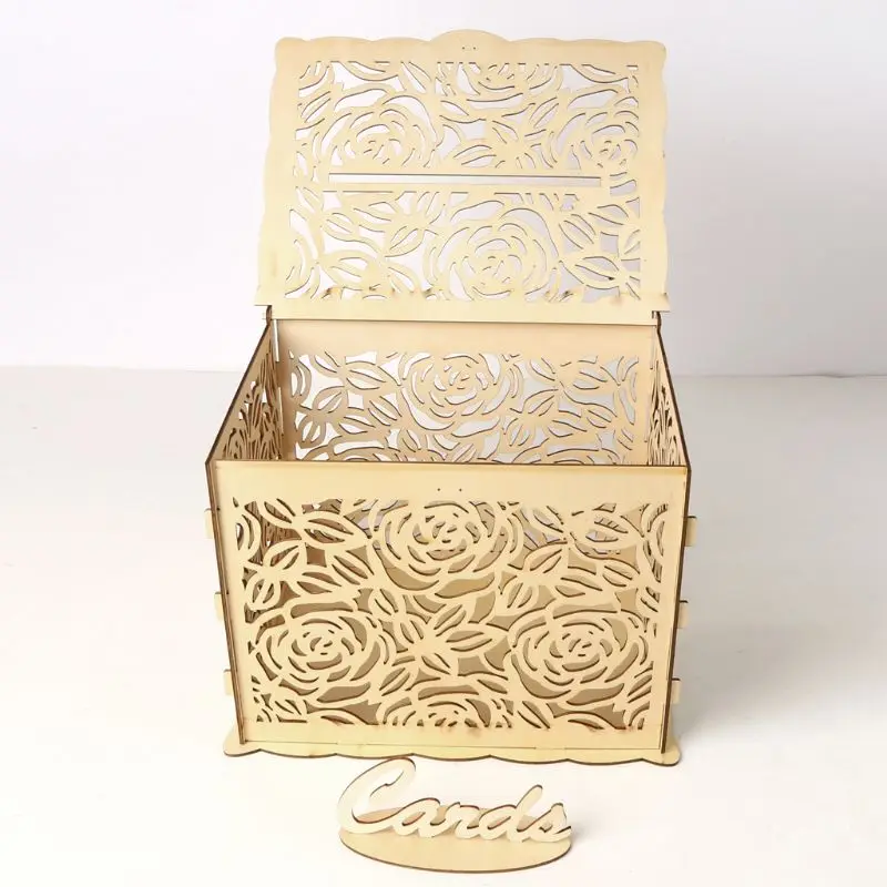 

DIY Wedding Gift Rose Flower Wooden Card Money Box Case With Lock Rustic Beautiful Birthday Party Favors Decoration Supplies
