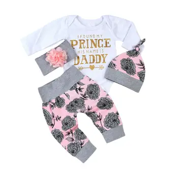 

0-18M PRINCE DADDY Clothing 4Pcs set Newborn Baby Girls Tops Romper +Long Pants Outfits Clothes
