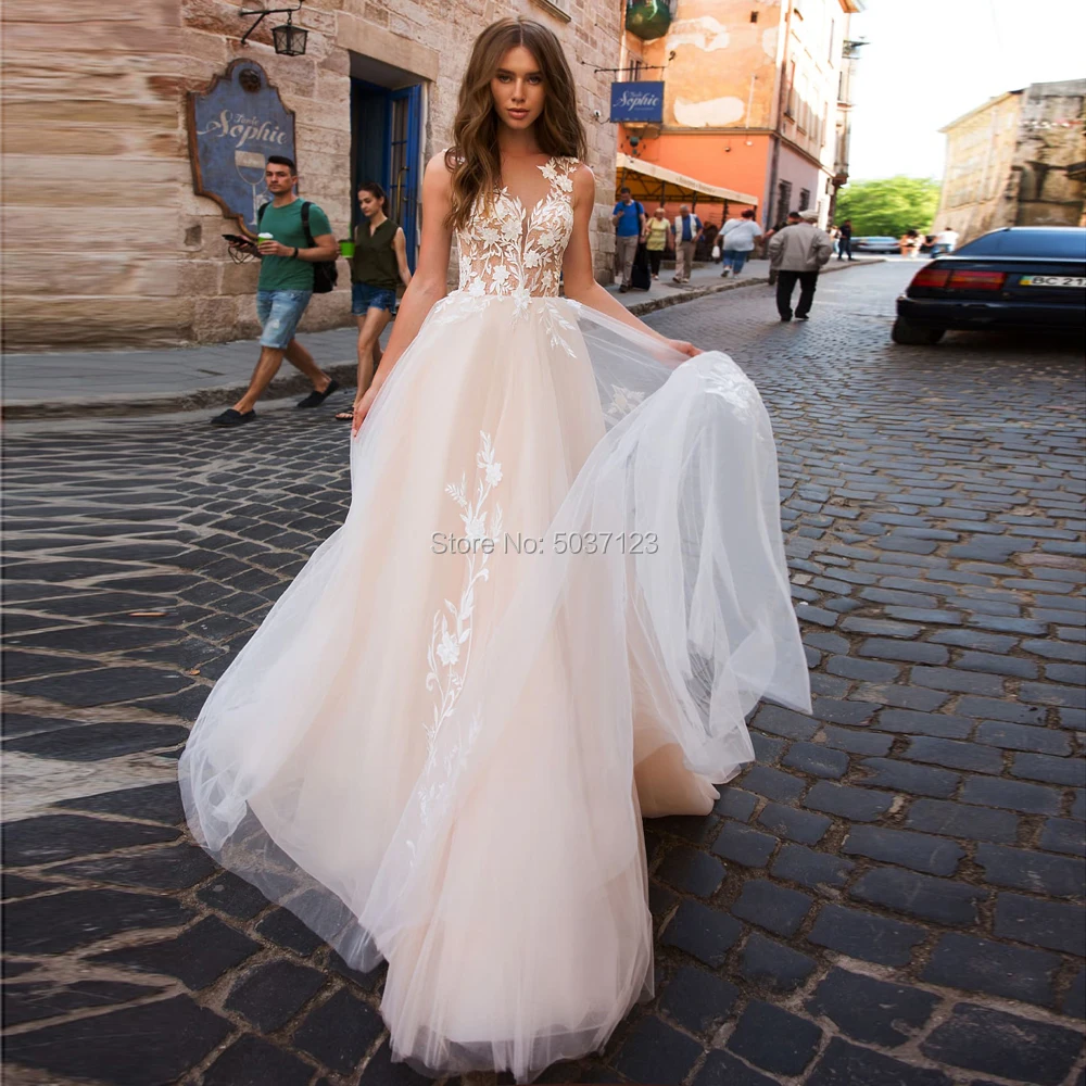 Светильник цвета шампанского, Тюлевое свадебное платье трапециевидной формы с кружевной аппликацией, свадебное платье, Vestido De Noiva, со шлейфом, с открытой спиной