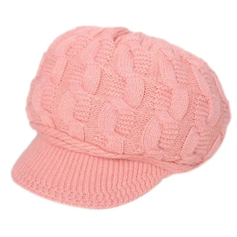 Розовый Womens Winter Chunky Cable Knit Beanie Hat with Visor Soft Plush Ski Beret Cap - Цвет: Розовый