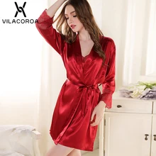 Новая Осенняя однотонная Сексуальная кружевная ночная рубашка с v-образным вырезом+ халат с длинным рукавом, Женский комплект 2 шт. одежда для сна, халат, пижама