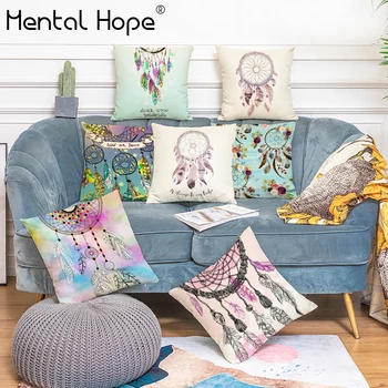 

Dreamcatcher Printed Decorative Cushion Cover Linen Cotton Feather Pattern Throw Pillow Cover Home Decor Square Pillowcase