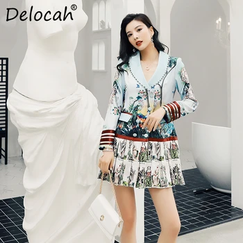 

Delocah 2020 Spring Summer Women Dress Runway Fashion Designer Gorgeous Beading Simple Button Printed Mini Pleated Ladys Dresses
