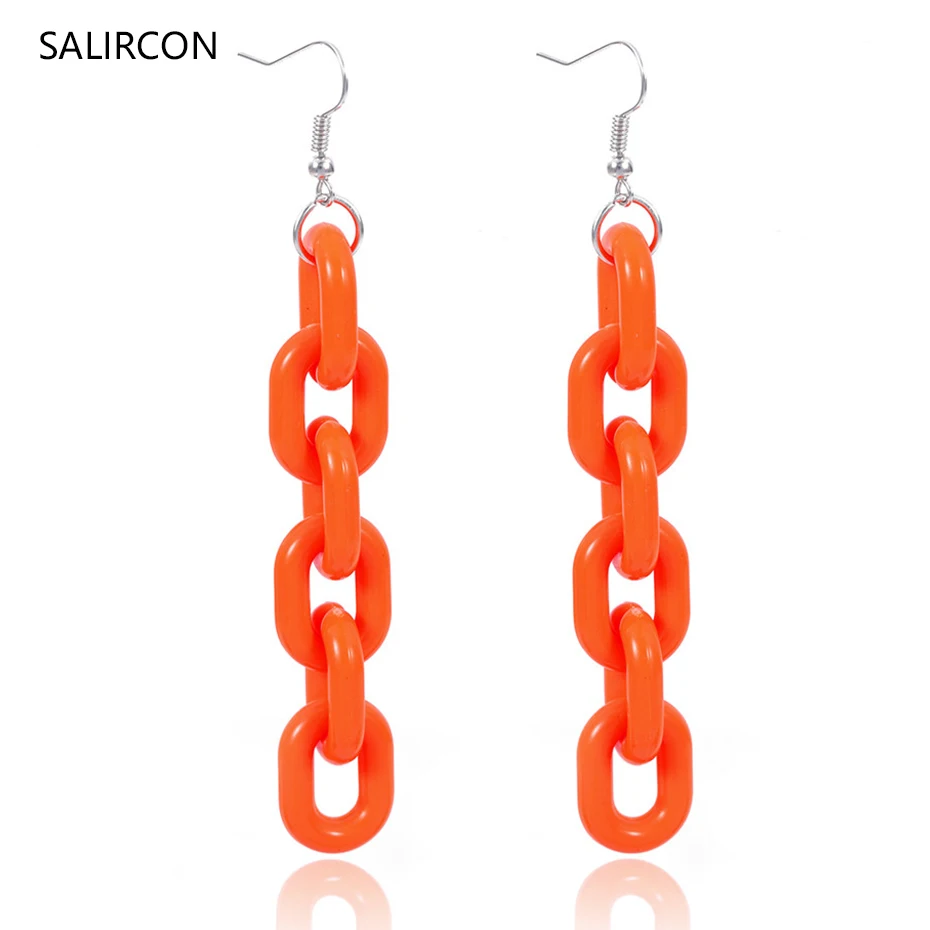 

Salircon Kpop Orange Acrylic Earrings Fashion 2020 Link Chain Long Tassel Drop Earring Brincos For Women Minimalist Jewelry Gift