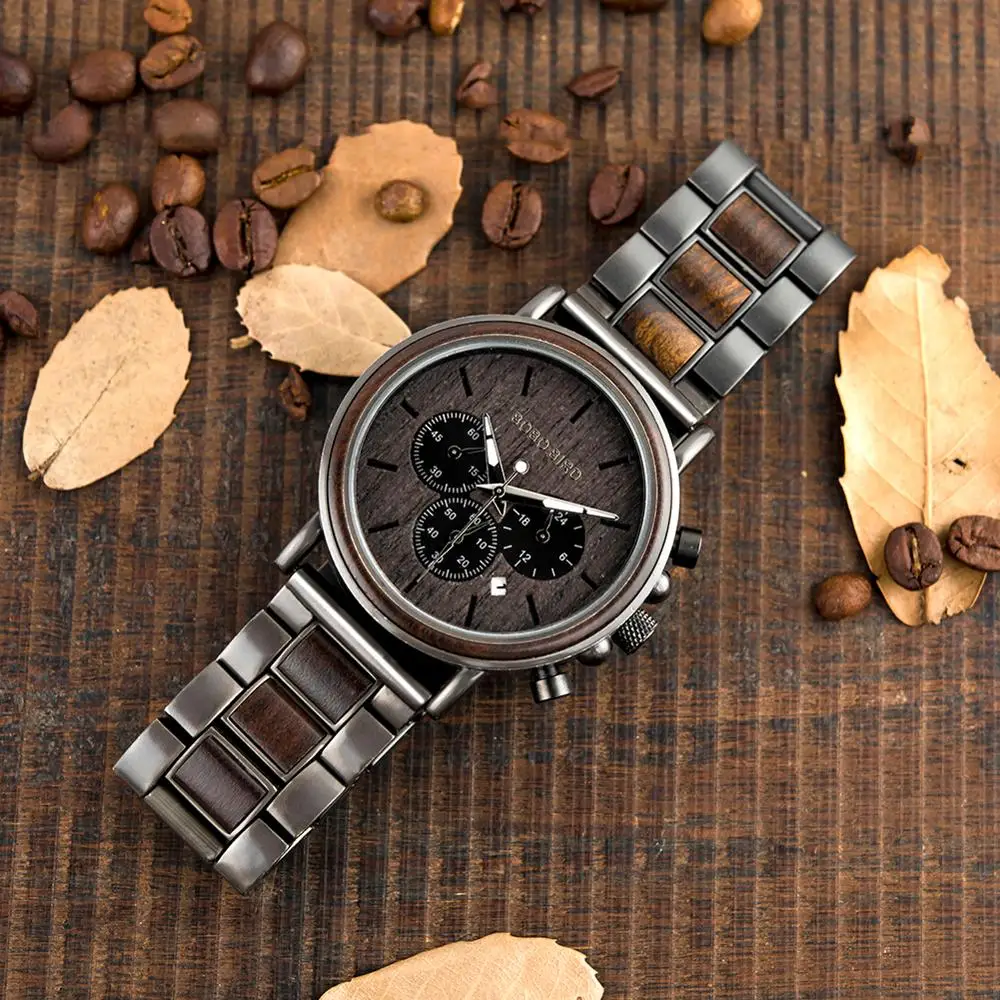 BOBO BIRD Luxury Wood Stainless Steel Men Watch Stylish Wooden Timepieces Chronograph Quartz Watches relogio masculino Gift Man - Image 4