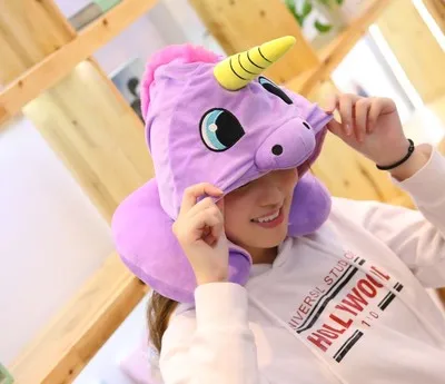 Cartoon Unicorn Soft U-Shape Neck Travel Cushion Pillow for Car Airplane Protable Hooded Pillow Cushion Compact Soft Neck Rest