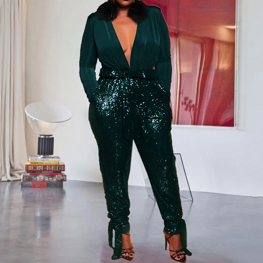 

Long Sleeve Sequins Jumpsuit Women Office Ladies Spring Autumn Party Club Patchwork Pencil Rompers Solid Green Playsuits 5XL