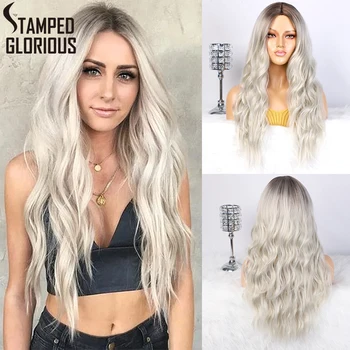 

Stamped Glorious Long Womens Wigs Ombre Platinum Blonde Wigs Heat Resistant Part Side Synthetic Wavy Wigs for African American