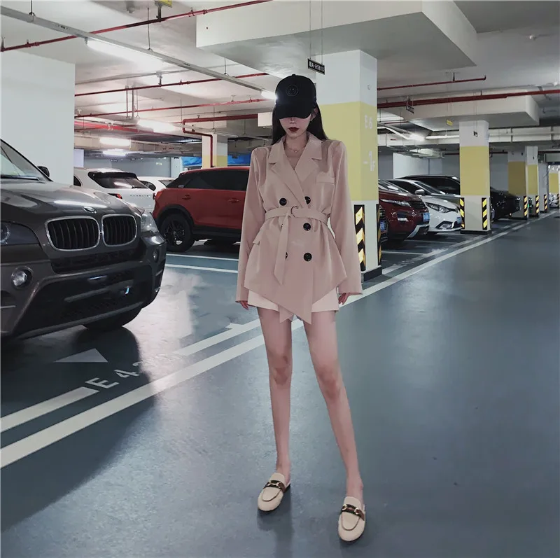 

1300 # Photo Shoot Net Price Versatile Double Breasted Bandage Cloth Waist Hugging Slimming Elegant Suit Collar Long-sleeved Coa