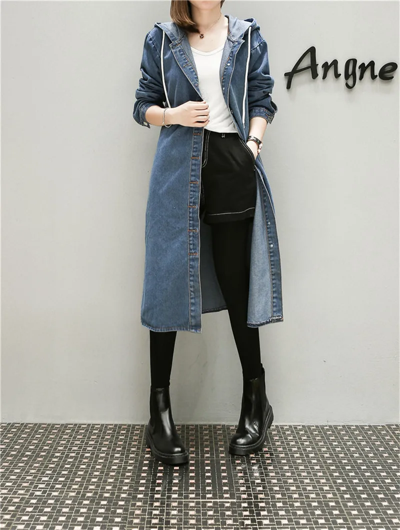 

SZMALL Fashion Newest Long Hooded Jean Coat Women Winter Trench Pockets Button Straight Outwear Denim Lady Clothing