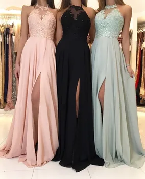 

2020 Chiffon Bridesmaid Dresses Long Sexy Side Split Halter Neck Lace Appliques Beaded Simple Prom Guest Party Gowns Cheap