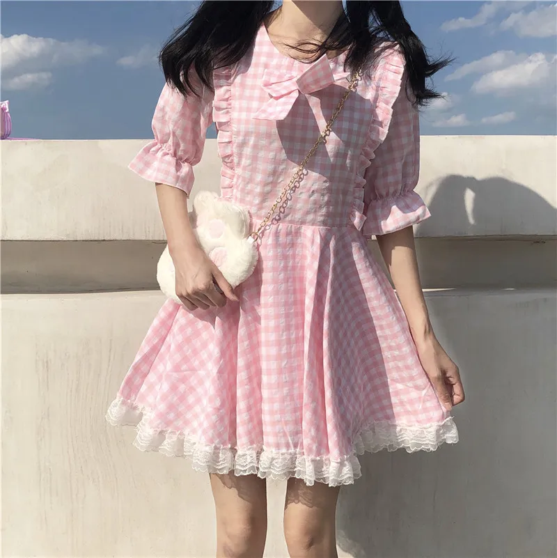 Japanese Summer New Kawaii Soft Girly Pink Plaid Dress Sweet Bow Cute Lace Ruffles Puff Sleeve Dress Lace Up Bow Loose Dress