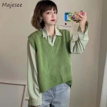 

Vests Waistcoats Women Tops Korean Students Knitted All Match Womens Sleeveless Casual Girls V-Neck Vintage Harajuku Sweater