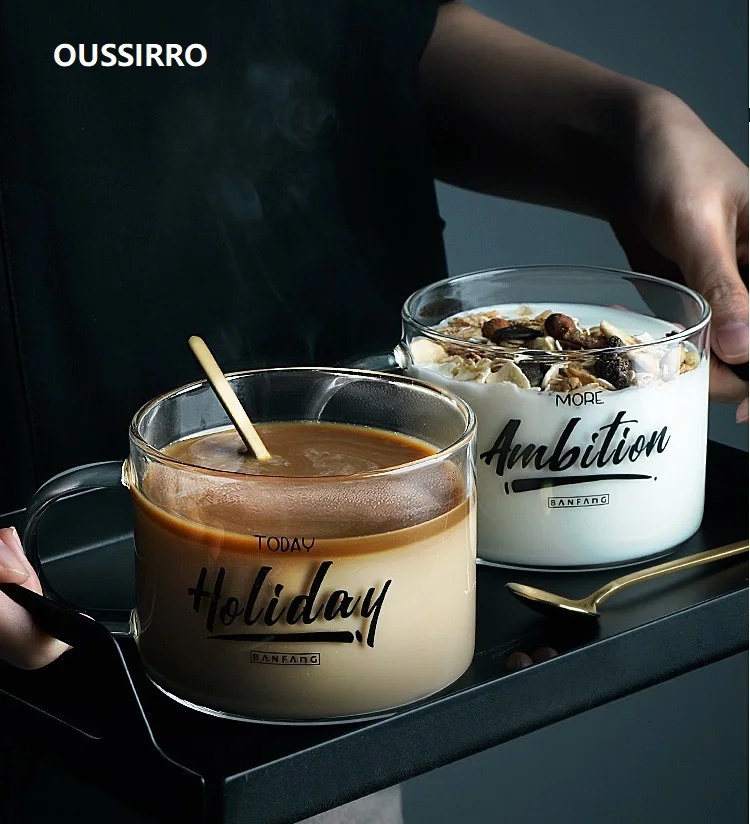 

OUSSIRRO Creative Transparent Double Anti-Scald Letter Large Glass Cup Handle Mug office Dessert Tea Milk Cup Breakfast