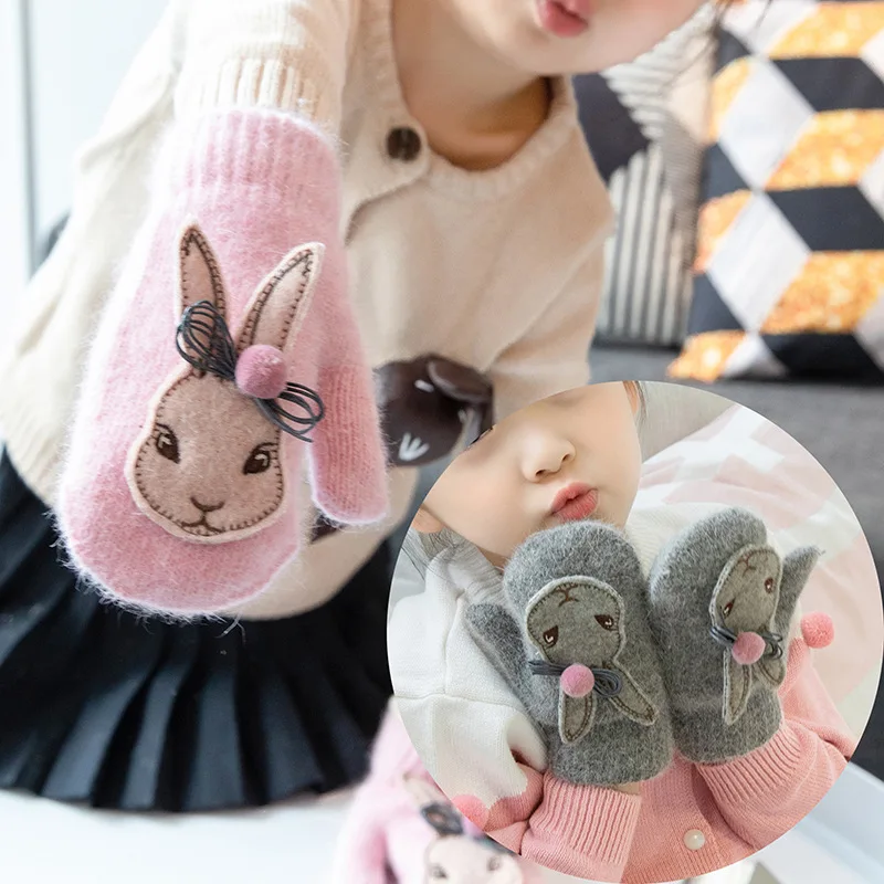 Милые детские перчатки с кроликом из мультфильма; зимние толстые кашемировые Хлопковые варежки для девочек; Детские теплые замшевые вязаные хлопковые перчатки