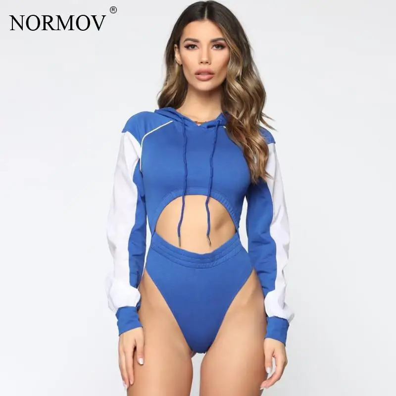 

NORMOV Women Sexy Thong Bodysuit Long Sleeve Thicken Hooded Drawstring Casual Rompers Patchwork Hollow Out Playsuit 2019 Autumn