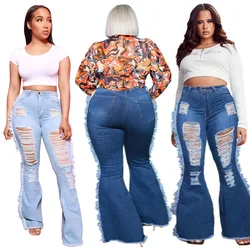 Jeans rasgados para mulheres de cintura alta y2k plus size alargamento calças jeans vintage com buracos retalhos calças inferiores roupas