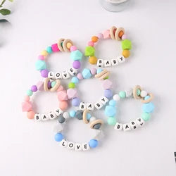 Silicone Baby Teether Soother Ring Colourful Teething Beads Baby Teething Chew with Wooden Ring Teether Toy Baby Accessories