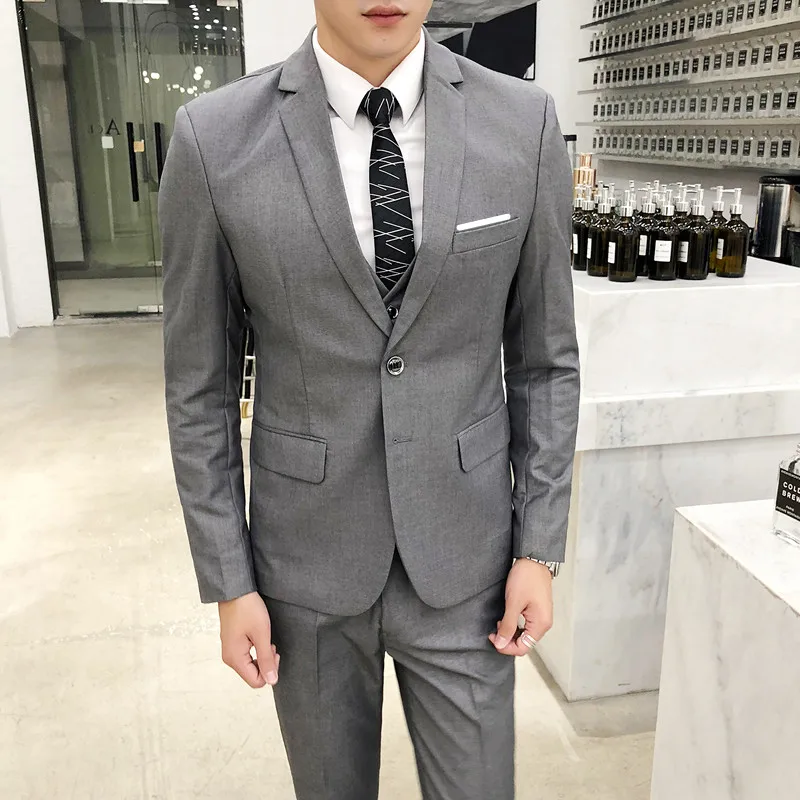 

( Jacket + Vest + Pants ) Mens Fashion Boutique Solid Color Business Suit Three-piece Suit Groom Wedding Dress Formal Suit Gray