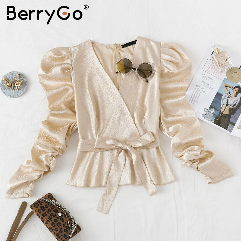 BerryGo Sexy Autumn winter puff sleeve sash belt female blouses shirts Sexy v-neck printed women blouse Elegant party ladies top