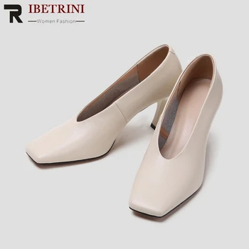 

RIBETRINI New Female Spring Genuine Leather Ol Shoes Woman Brand Square Toe Office Pumps Women High Thin Heels Dress Pumps