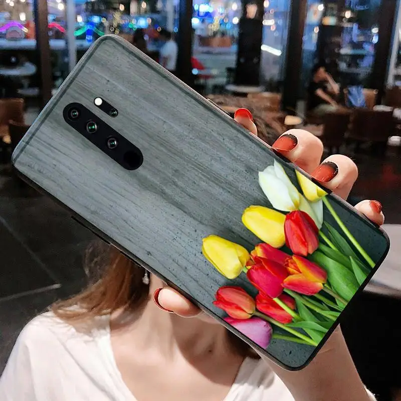 cases for xiaomi blue HUAGETOP Hoa Tulip Hoa Mùa Xuân Đen Silicone Ốp Lưng Điện Thoại Redmi Note 9 8 8T 8A 7 6 6A Đi max Pro Redmi 9 K20 4X xiaomi leather case card Cases For Xiaomi