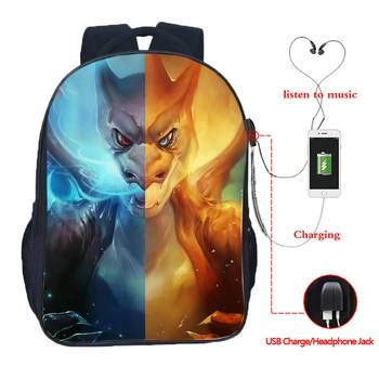 

Pokemon USB Charge Backpack Mega Charizard Split backpack Students Boys Girls Knapsack Men Women Travel Laptop Rucksack