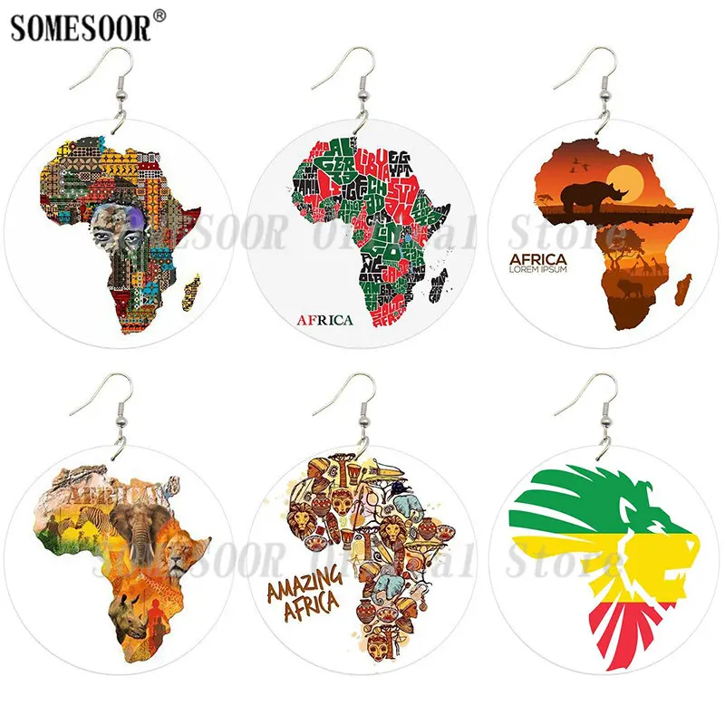 

SOMESOOR Amazing African Map Designs Printed Wooden Drop Earrings Lions Elephant Black Tribal Ethnic Eco Animals For Women Gifts