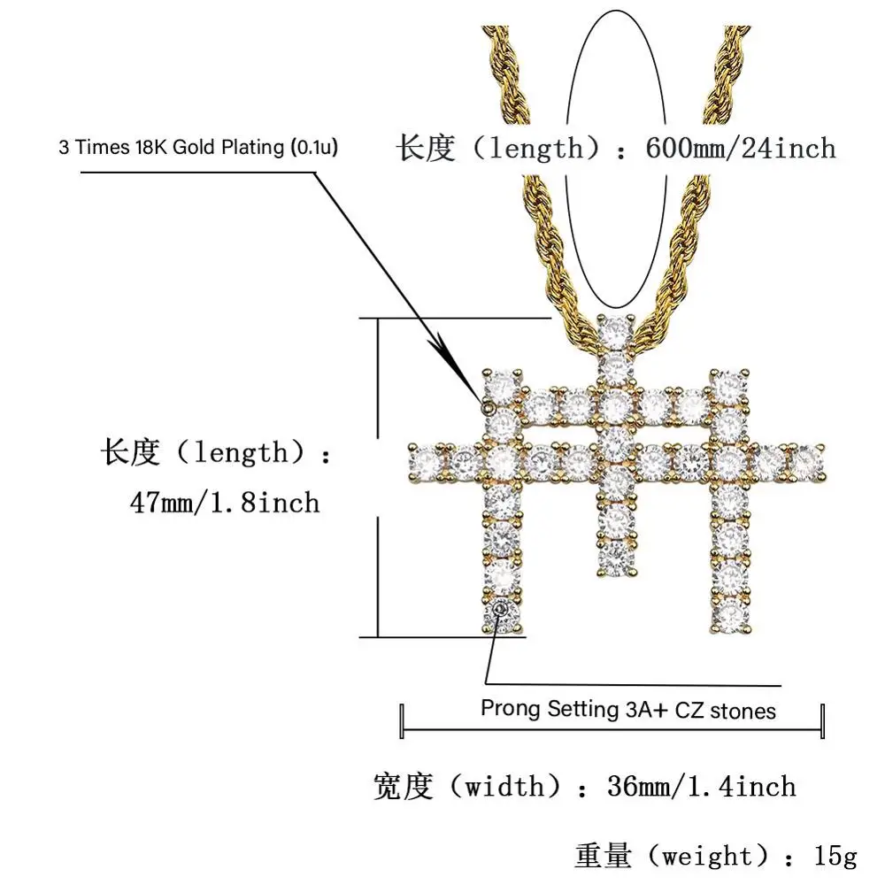 Skup Hip Hop AAA CZ kamienia betonowa Bling Iced Out M kształt 3 krzyż wisiorki naszyjnik dla mężczyzn Hip Hop raper biżuteria złoty kolor