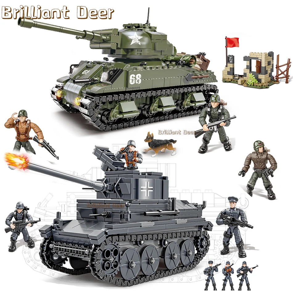 

Military German Pzkpfw38 US M4 Sherman Medium Tank Building Blocks Army Soldier Weapon WW2 Bricks Kids Children Toys Gifts