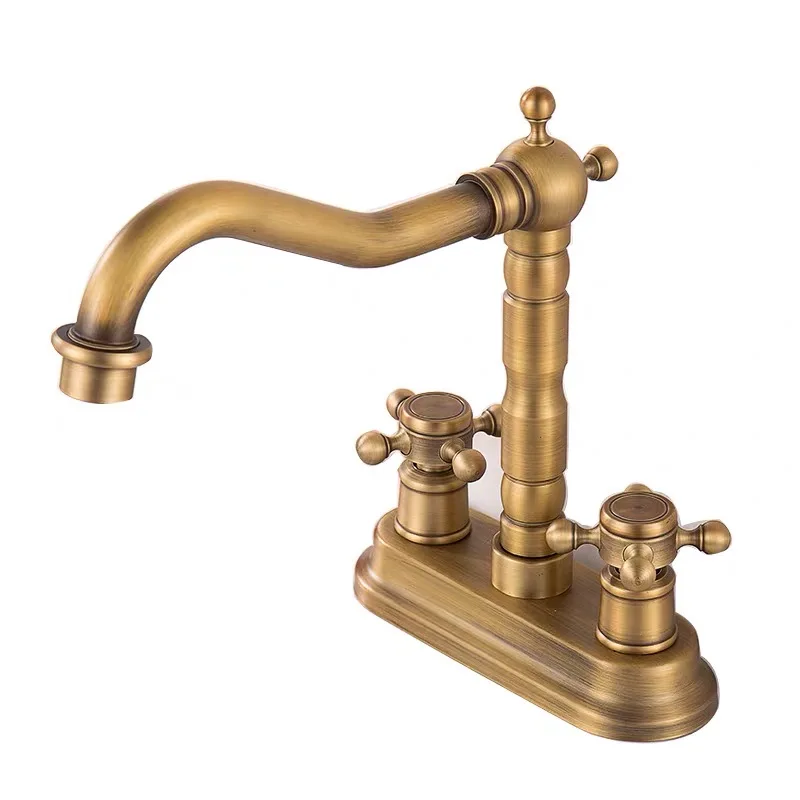 

vintage Brass Double Handle bathroom basin brushed gold Sink Faucet Hot & Cold deck mounted