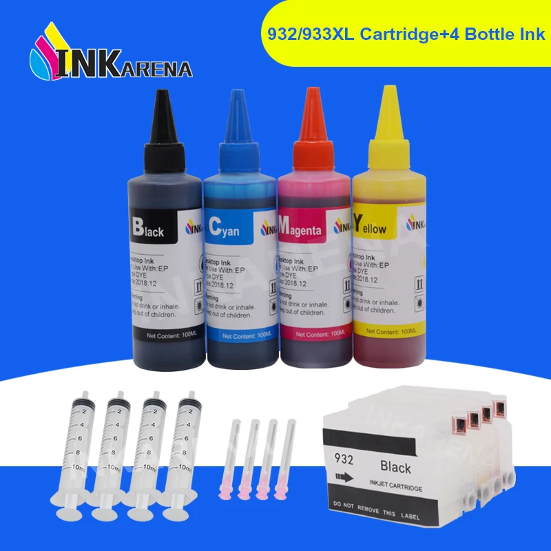

INKARENA 932 933 XL Printer Dye Ink Cartridge + 400ml Bottle Ink For HP 932XL Officejet 6100 6600 6700 7110 7610 7612 Printers