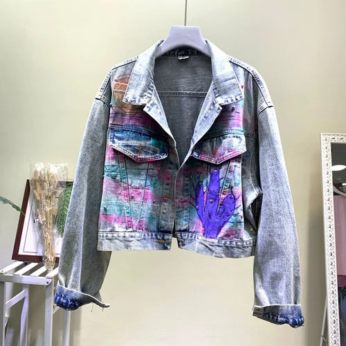 Neploe осень новая Корейская джинсовая куртка с бусинами для ногтей Женская модная Тяжелая короткая ковбойская ретро ручная роспись Свободная джинсовая куртка 53929 - Цвет: photo color