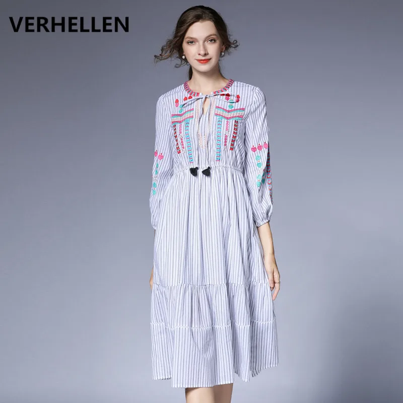 VERHELLEN High Quality Runway Dress Autumn Women's 3/4 Sleeve Striped Embroidery Loose Dress Female Casual Long Dress