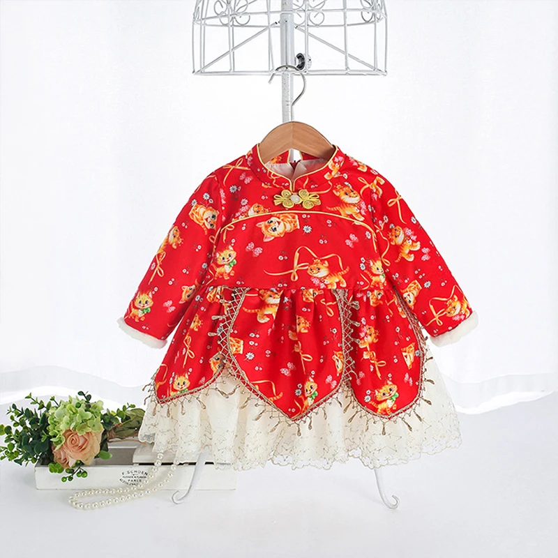 2021 Winter Baby Girl Dress Chinese Style Princess Ball Gown China Vintage Tiger Cartoon New Year Clothing | Детская одежда и
