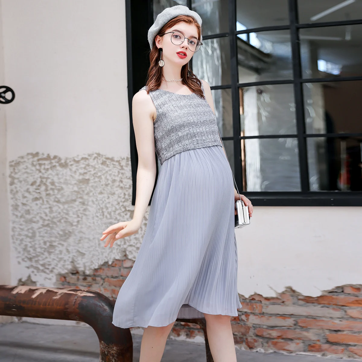 Only Knit Dress Костюм для беременных женщин; сезон весна-осень; шифоновое трикотажное платье в полоску; вязаная куртка; комплект одежды для беременных; JoyRay.B - Цвет: Only Knit Dress