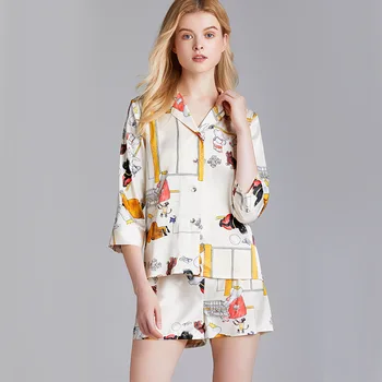 

Lady Pajamas Suit Satin Cartoon Cute Sleepwear Printed Sexy Lounge Pijamas Half Sleeve Shirt&Shorts Nightwear Loose Sleep Set