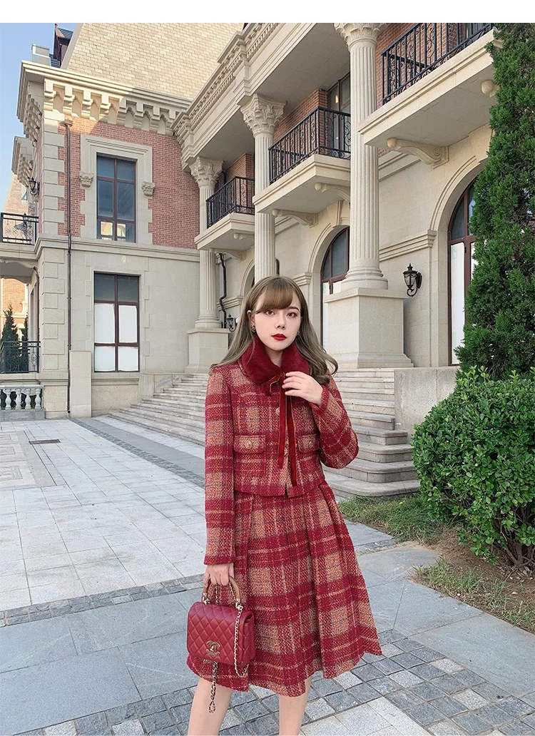 Линетт's chinoiseroy осень зима дизайн для женщин милый красный шерстяной Twinset Пальто и трубы юбки верхняя одежда