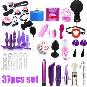 37pcs Sex Toys Vibrator for Women Men Handcuffs Nipple Clamps Whip Spanking Sex Silicone Metal Anal Plug Butt Bdsm  Bondage Set