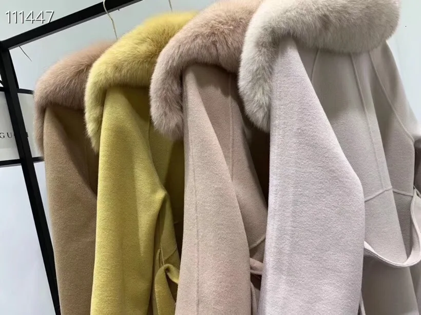 beige Высокое качество шерсть для женщин большой Лисий меховой воротник зимнее пальто мода шерстяное пальто с поясом - Цвет: beige