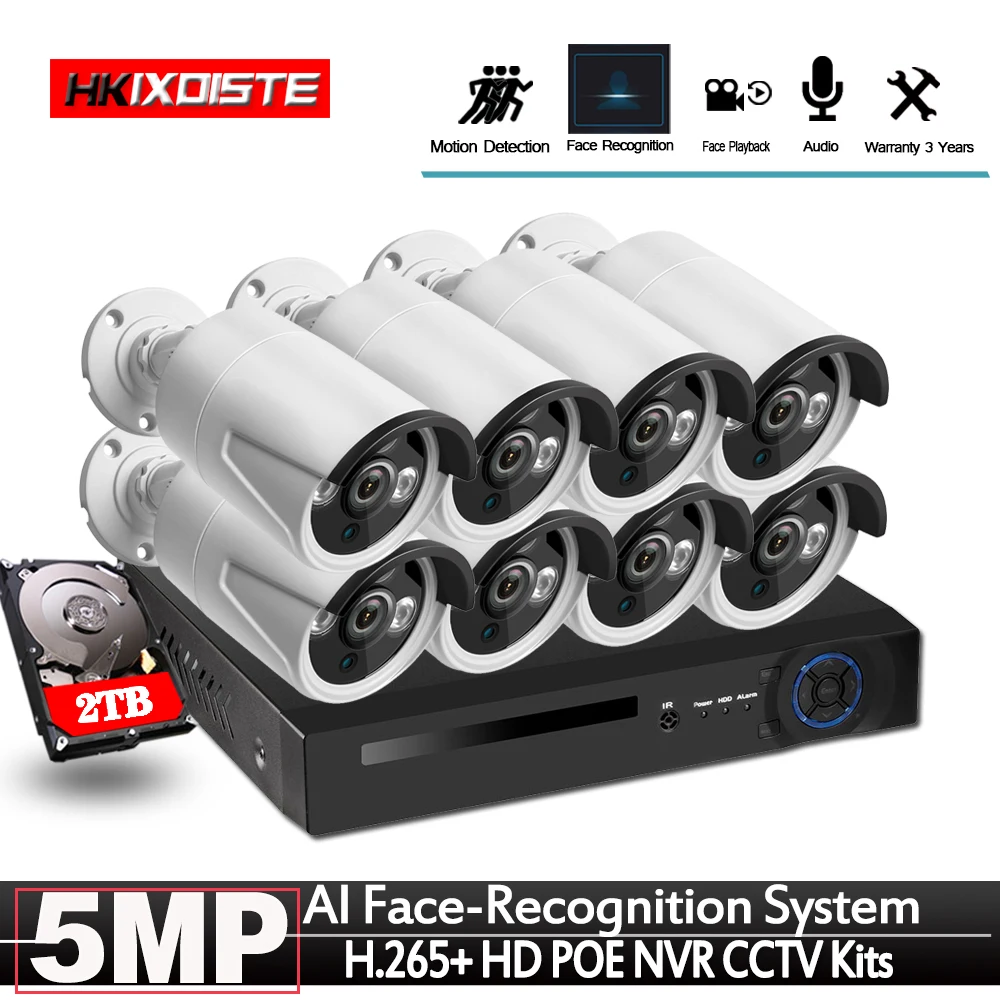 Face Recognition 8CH POE Network NVR CCTV System Kit HD 5MP IP Camera IR IP66 Outdoor Waterproof Video Security Surveillance Set