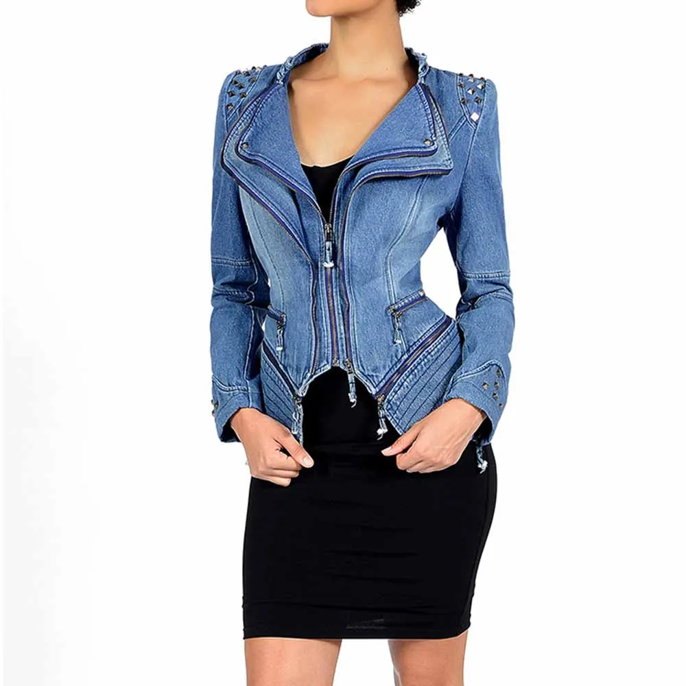 

Young17 Women Gothic Gray Blue Rivet Asymmetric Punk Rock Denim Jacket Coat Plus Size 6XL Spring Winter Motorcycle Outerwear