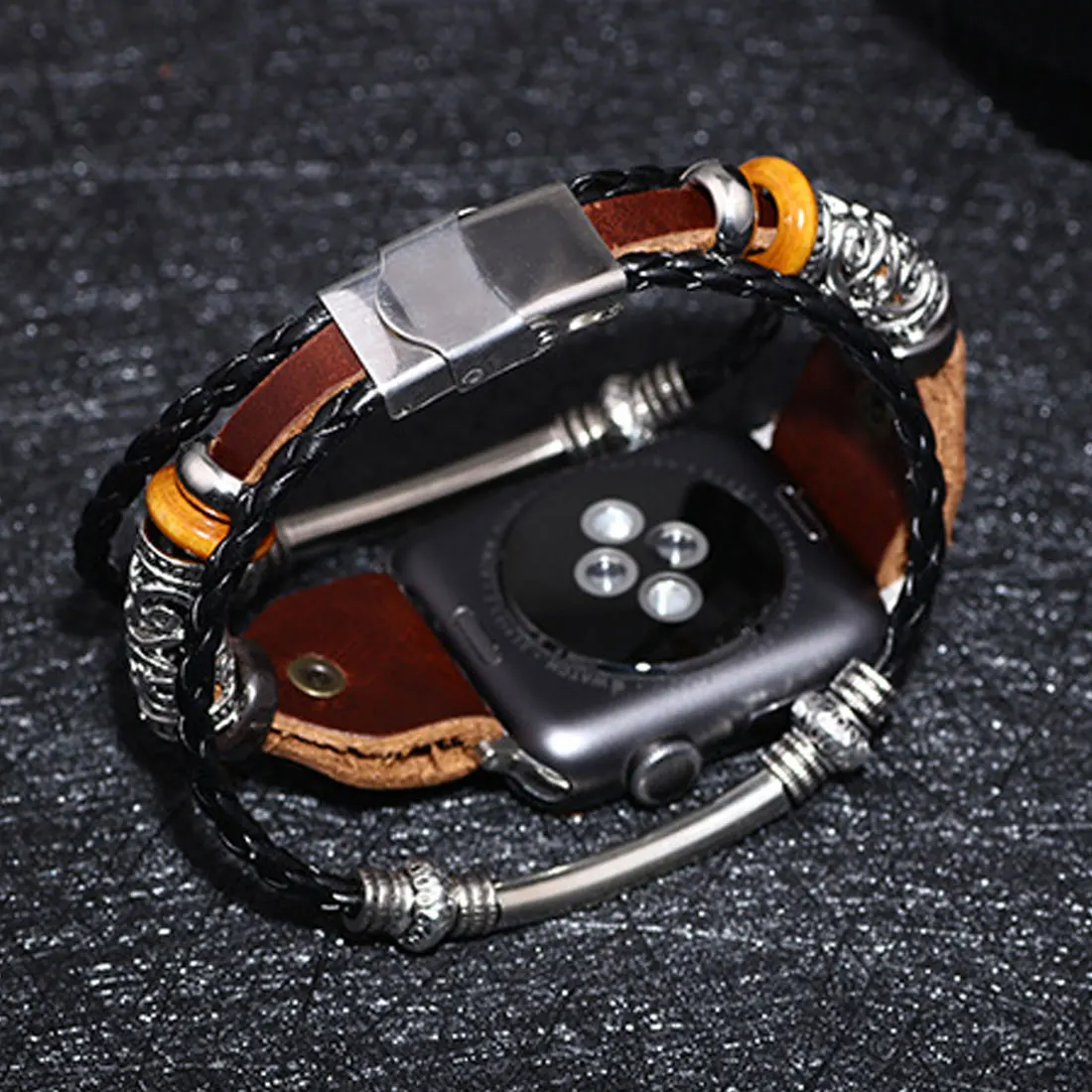 Винтажный 38 мм 40 мм регулируемый, с бусинами плетеный из искусственной кожи сменный ремешок-браслет для часов Apple Watch серии 4/3